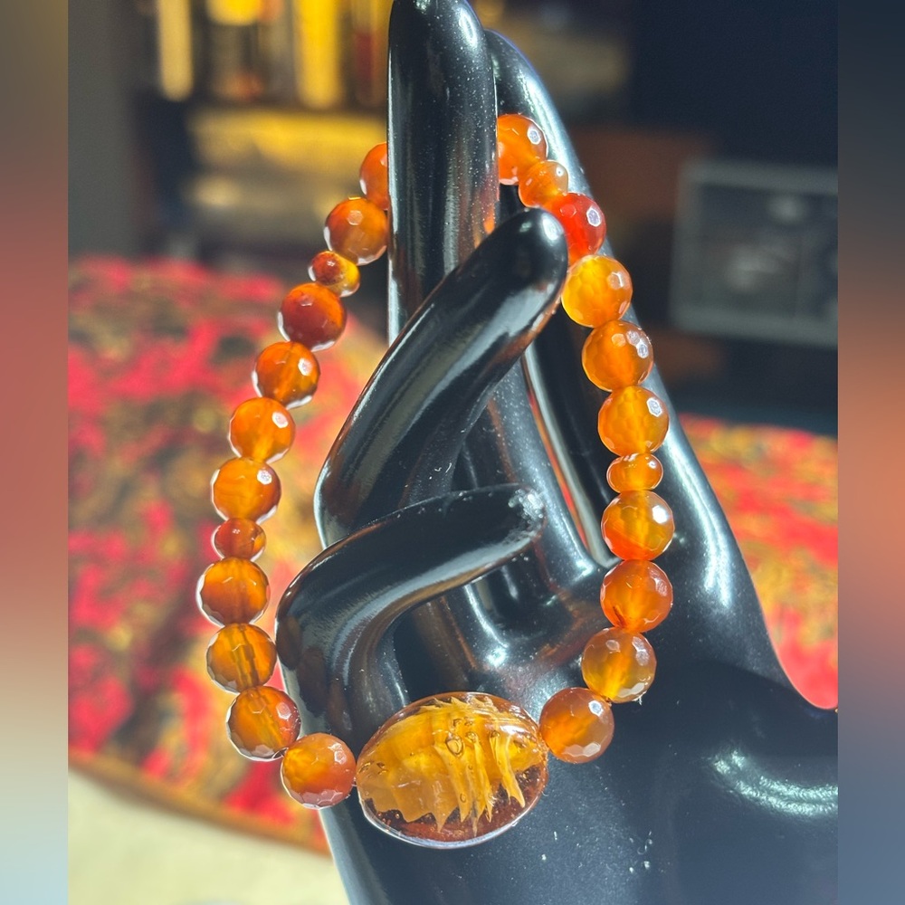 Handmade Carnelian Orange Beaded Stretch Bracelet with Orange Lamp work Focal - Picture 5 of 7